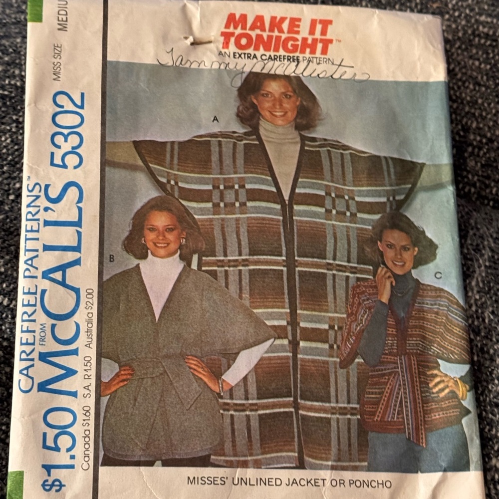 Women's Unlined Jacket or Poncho Pattern